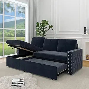 Reversible Sleeper Sectional Sofa Tufted Chenille L-Shaped Couch