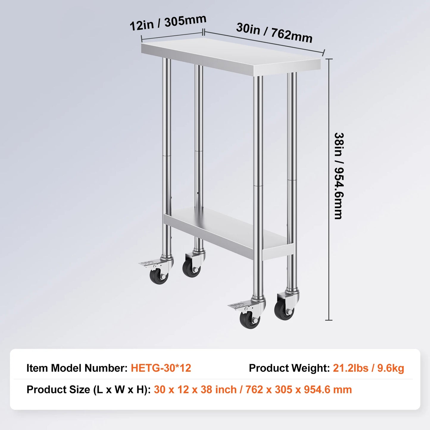 Heavy Duty Stainless Steel Work Table with Wheels Adjustable Height