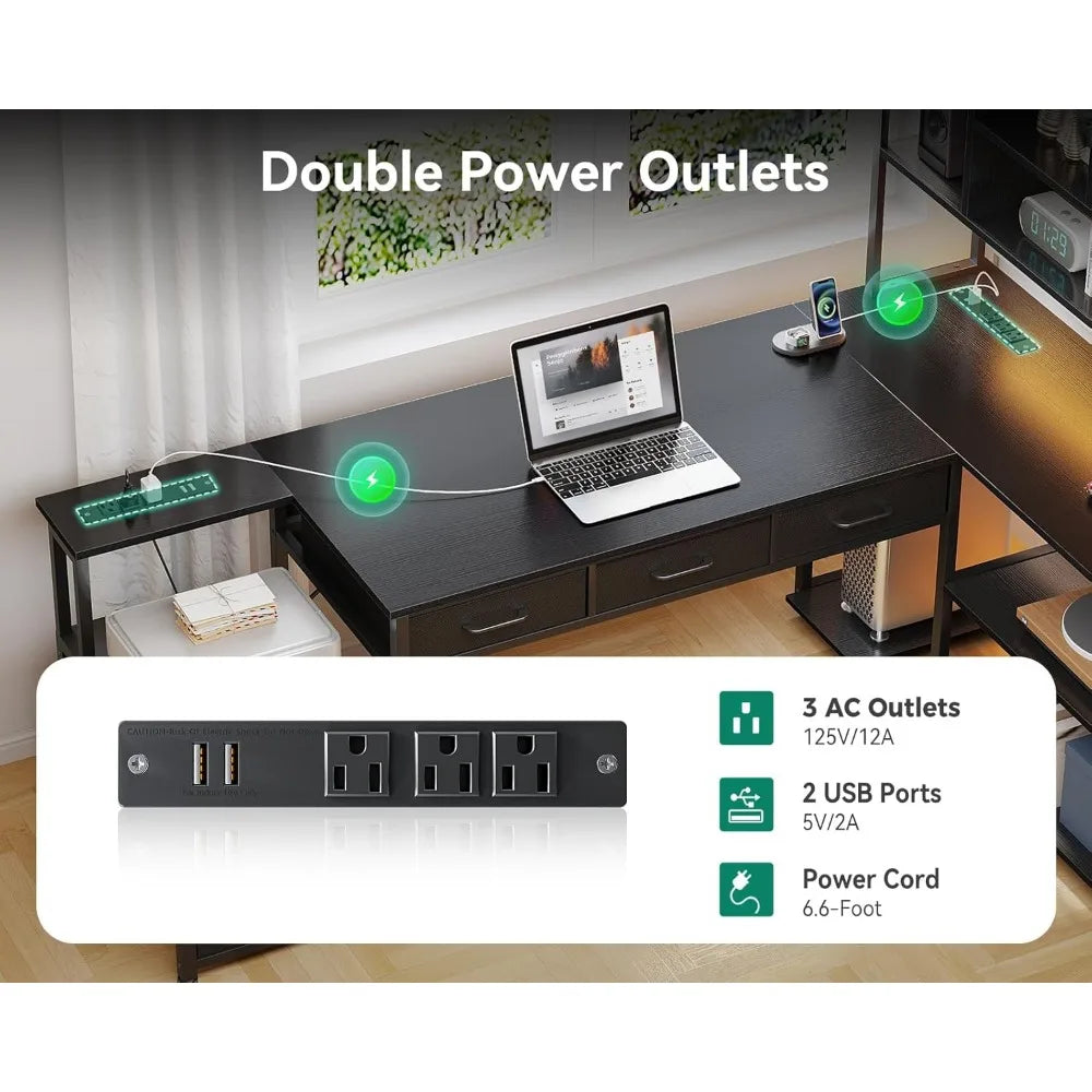 L Shaped Desk with LED Lights and Power Outlets Reversible 79 Inch Gaming