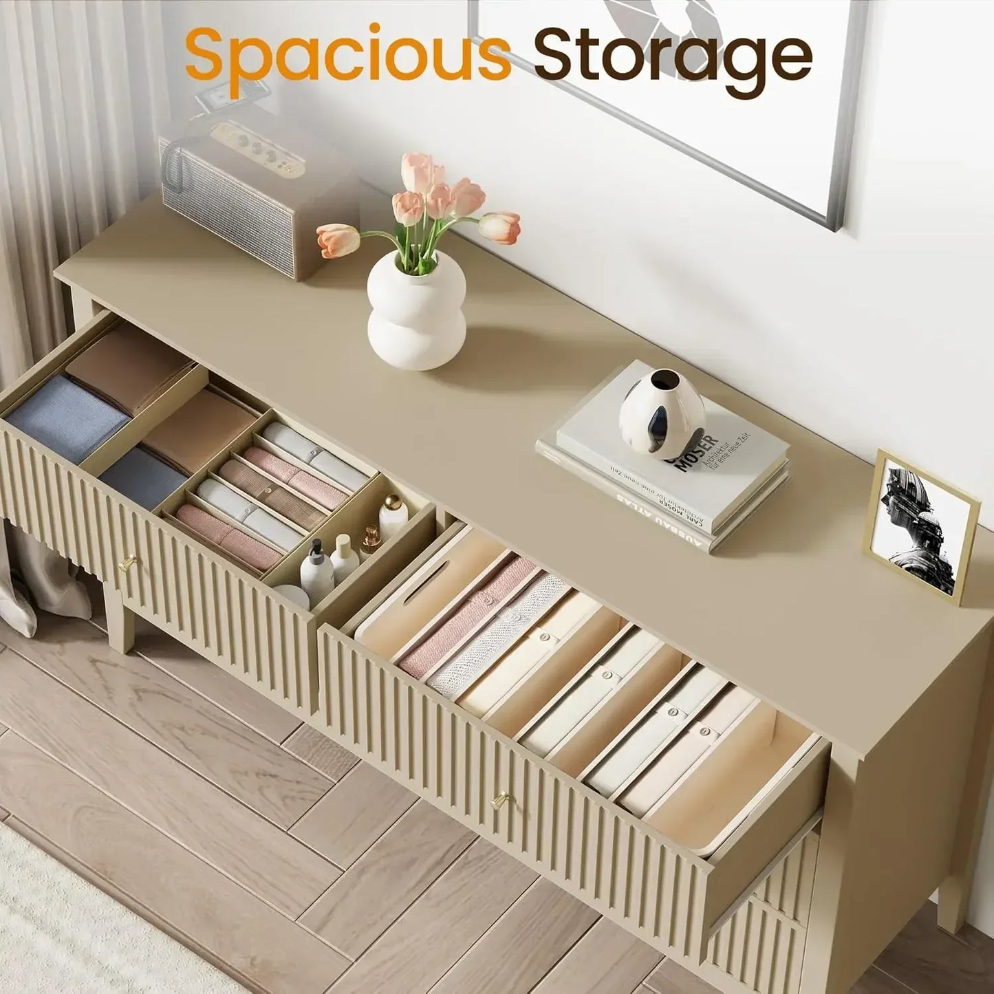 Beige 6 Drawer Dresser Fluted Modern Wood Chest TV Stand Storage Cabinet