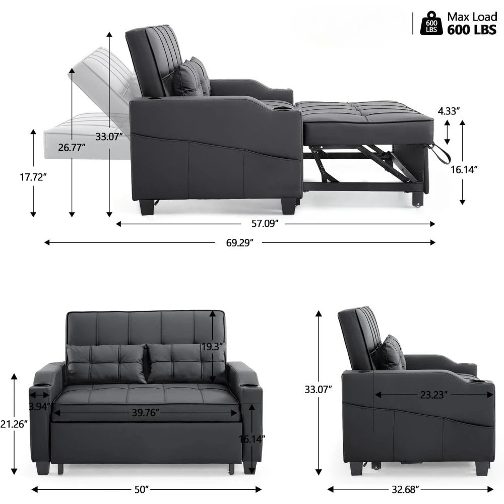 Ljustra Convertible Loveseat Sleeper Sofa Bed with USB Ports and Cup Holders