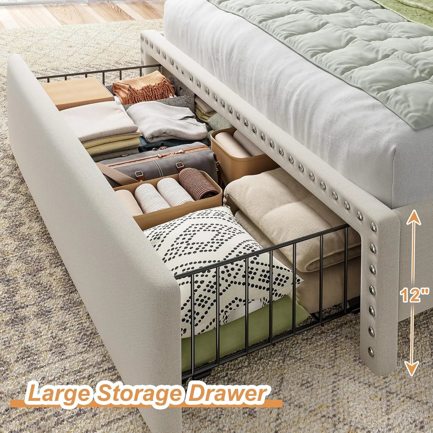 Twin Size Bed Frame with 2-Tier Storage Headboard Upholstered Platform