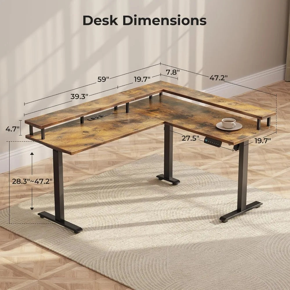 Electric L Shaped Standing Desk 59 Inch Adjustable Desk with Power Outlets