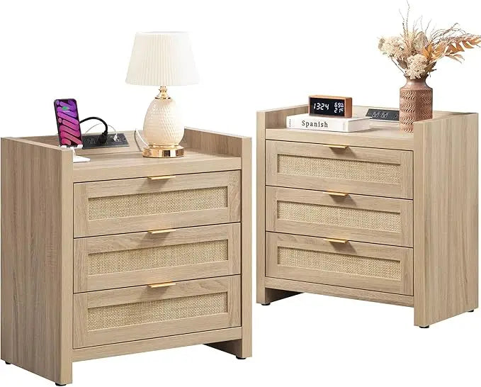 Rattan Night Stand Set of 2 Tall Nightstands with Charging Station