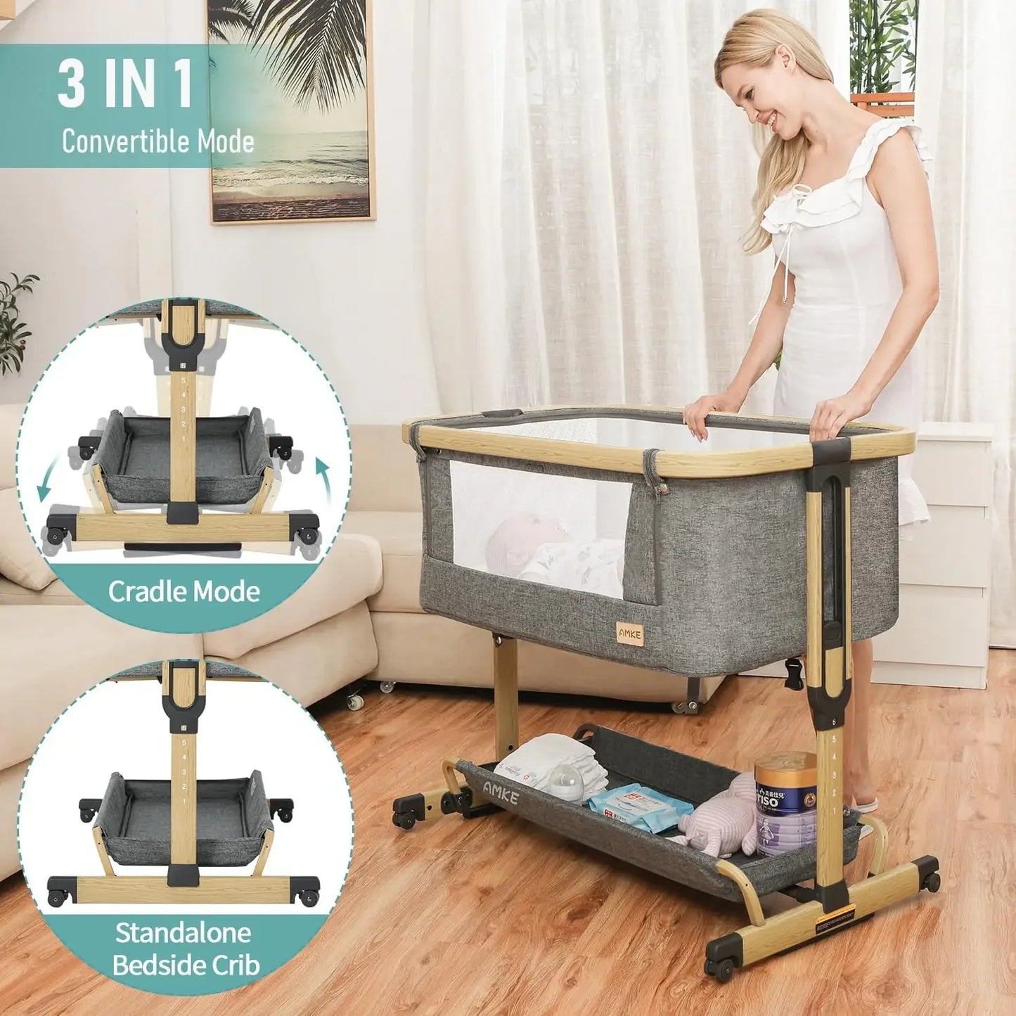 3 in 1 Baby Bassinet Bedside Sleeper Cradle with Storage Easy Assemble