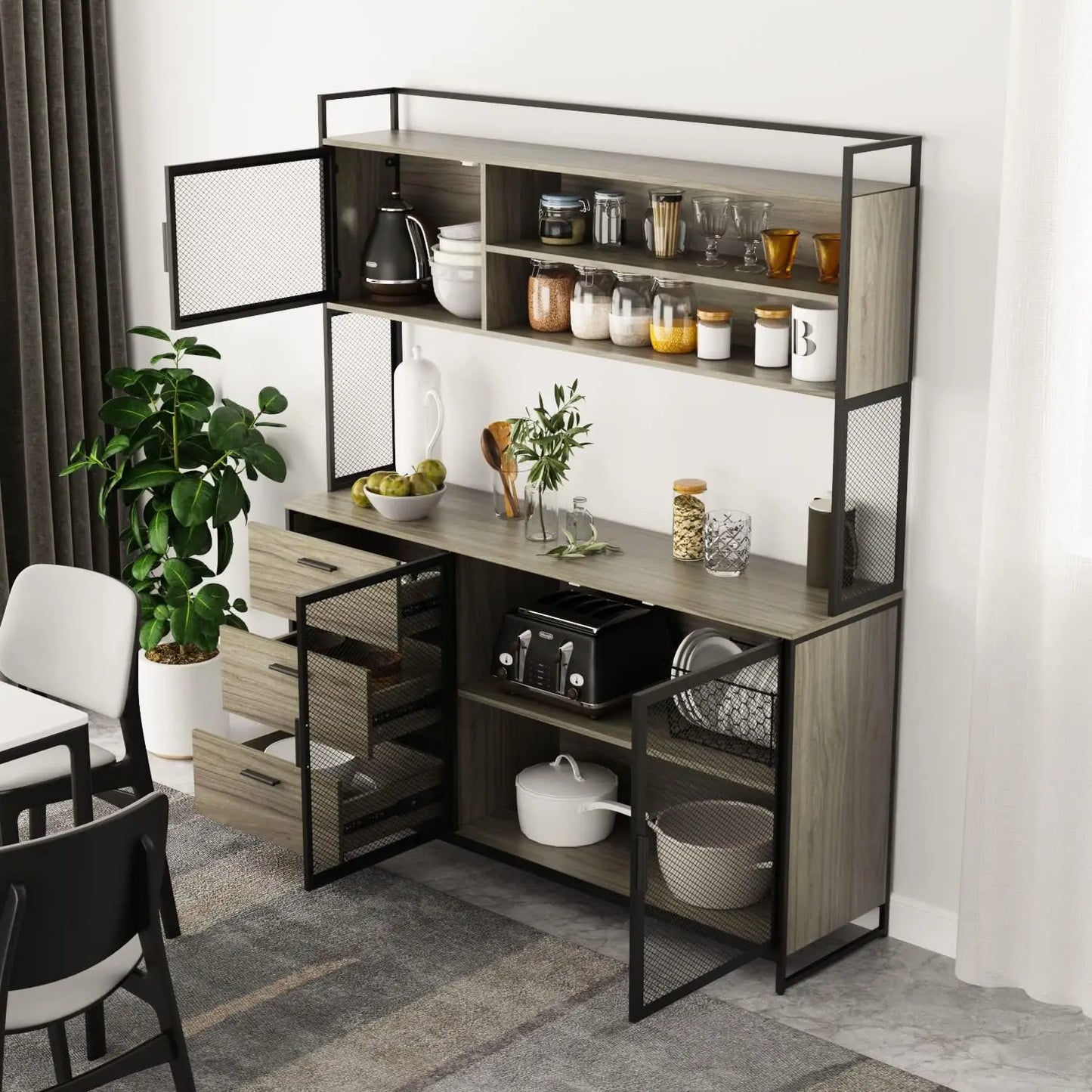 Large Kitchen Hutch Pantry Cabinet Storage Cupboard with Metal Mesh Door