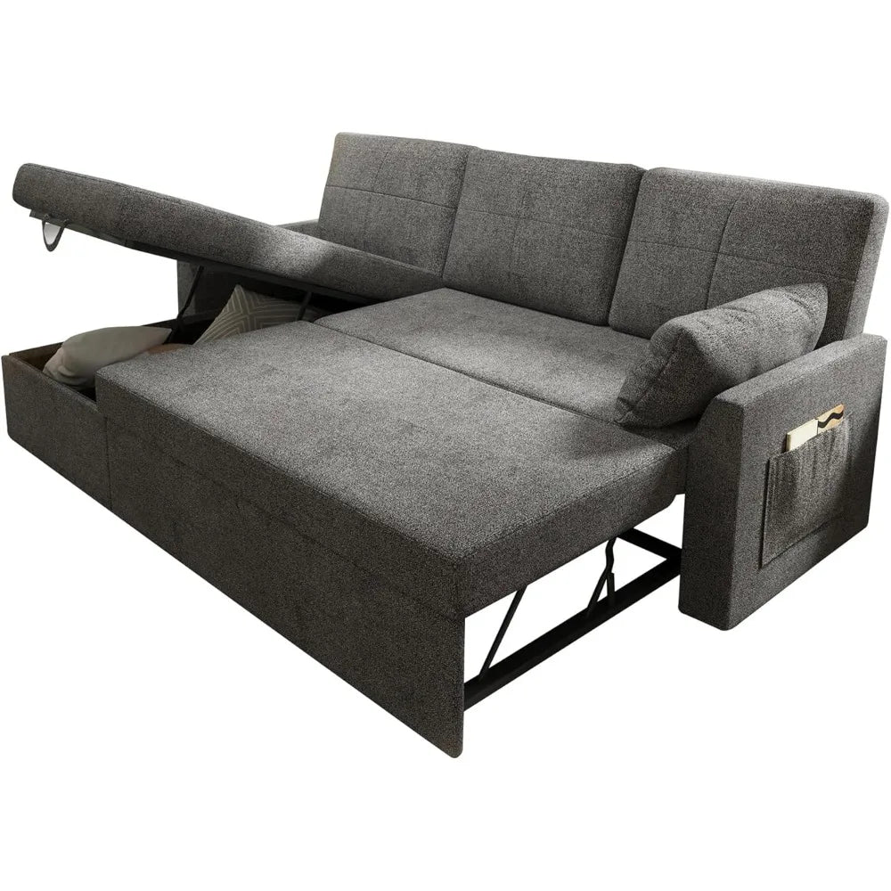 L-Shaped Sleeper Sofa Bed w/ Pull-Out & Storage Chaise – Chenille Fabric, Convertible Couch, Grey