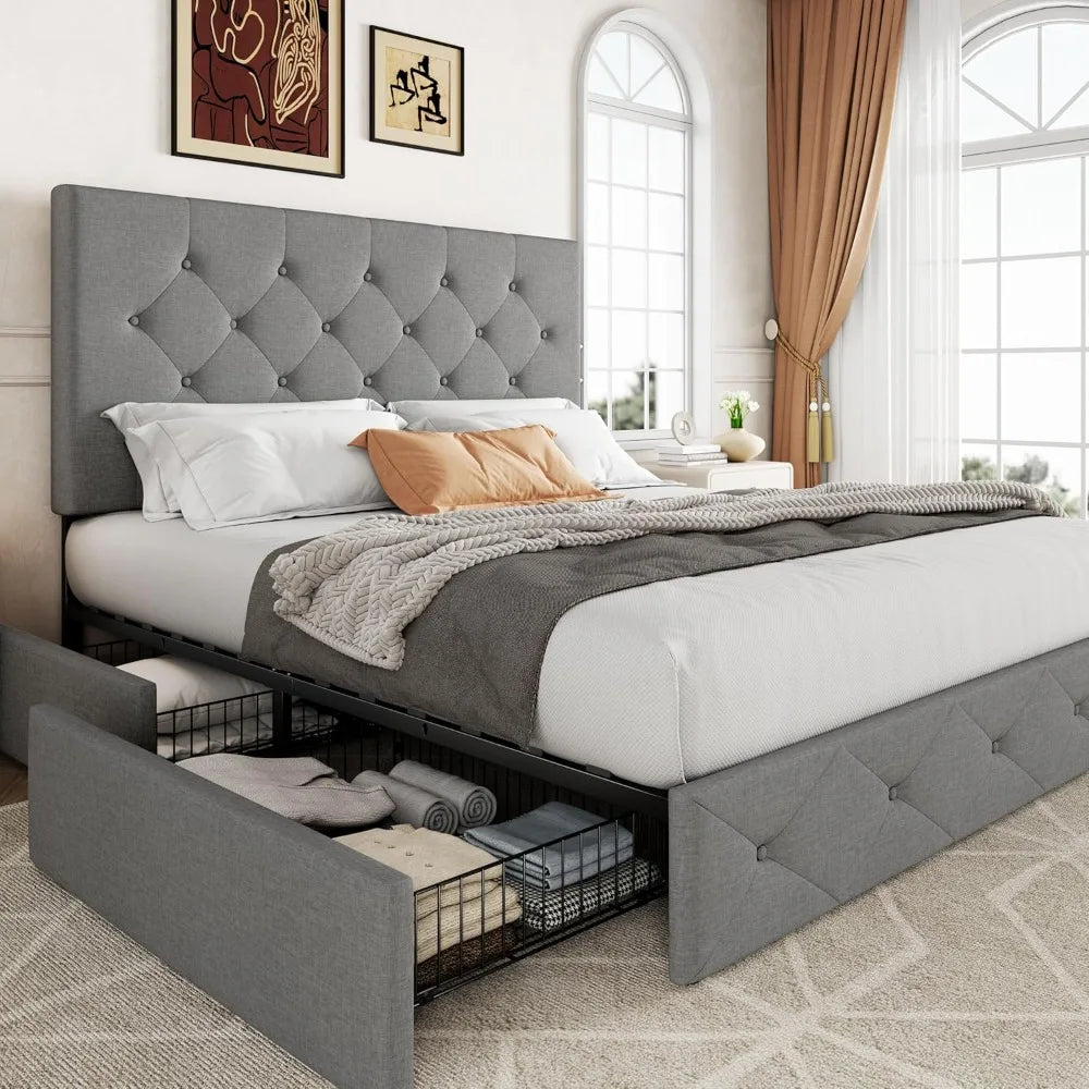 Queen Size Platform Bed Frame with Storage Drawers and Adjustable Headboard