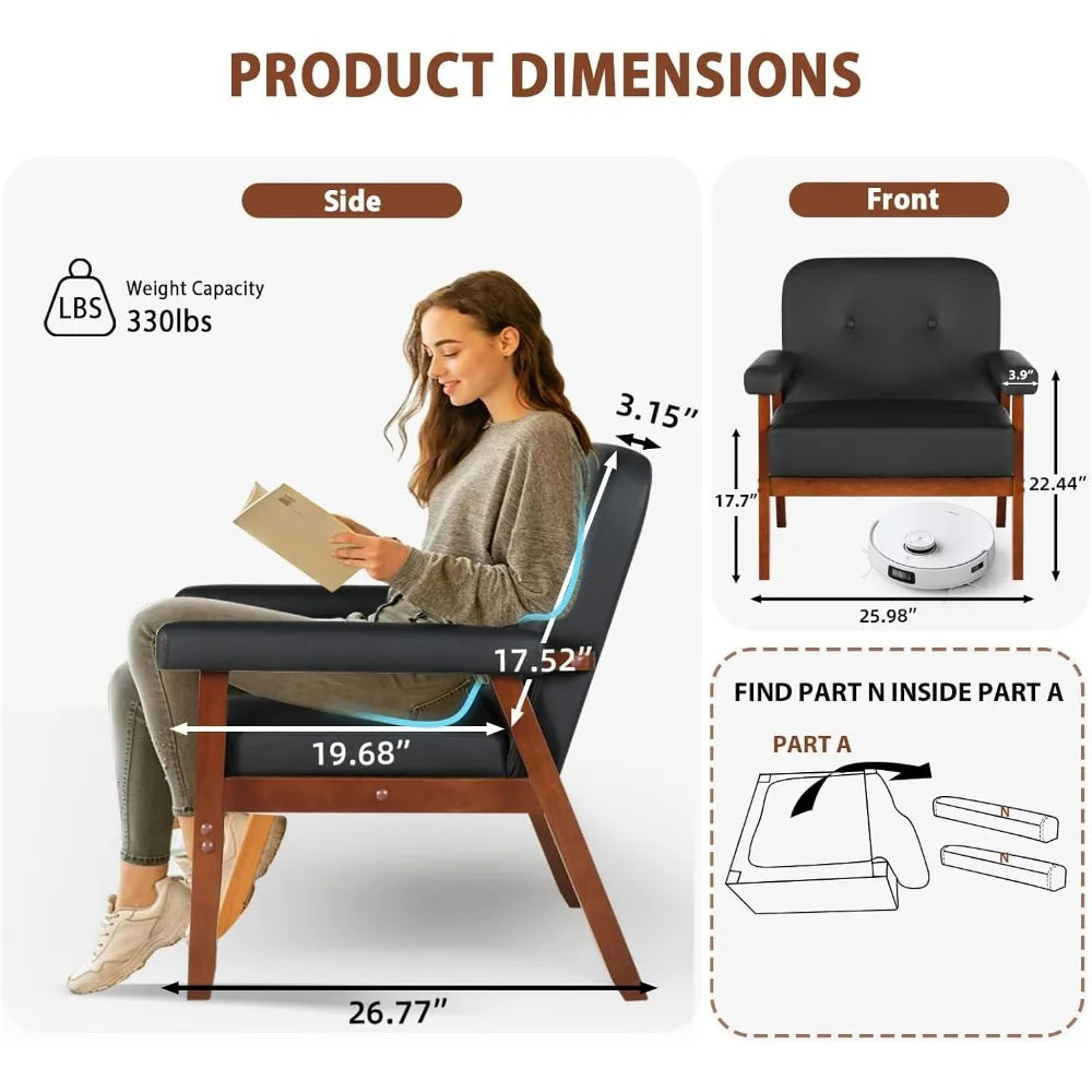 Black Leather Accent Chairs Mid Century Modern Set of 2 for Office Living