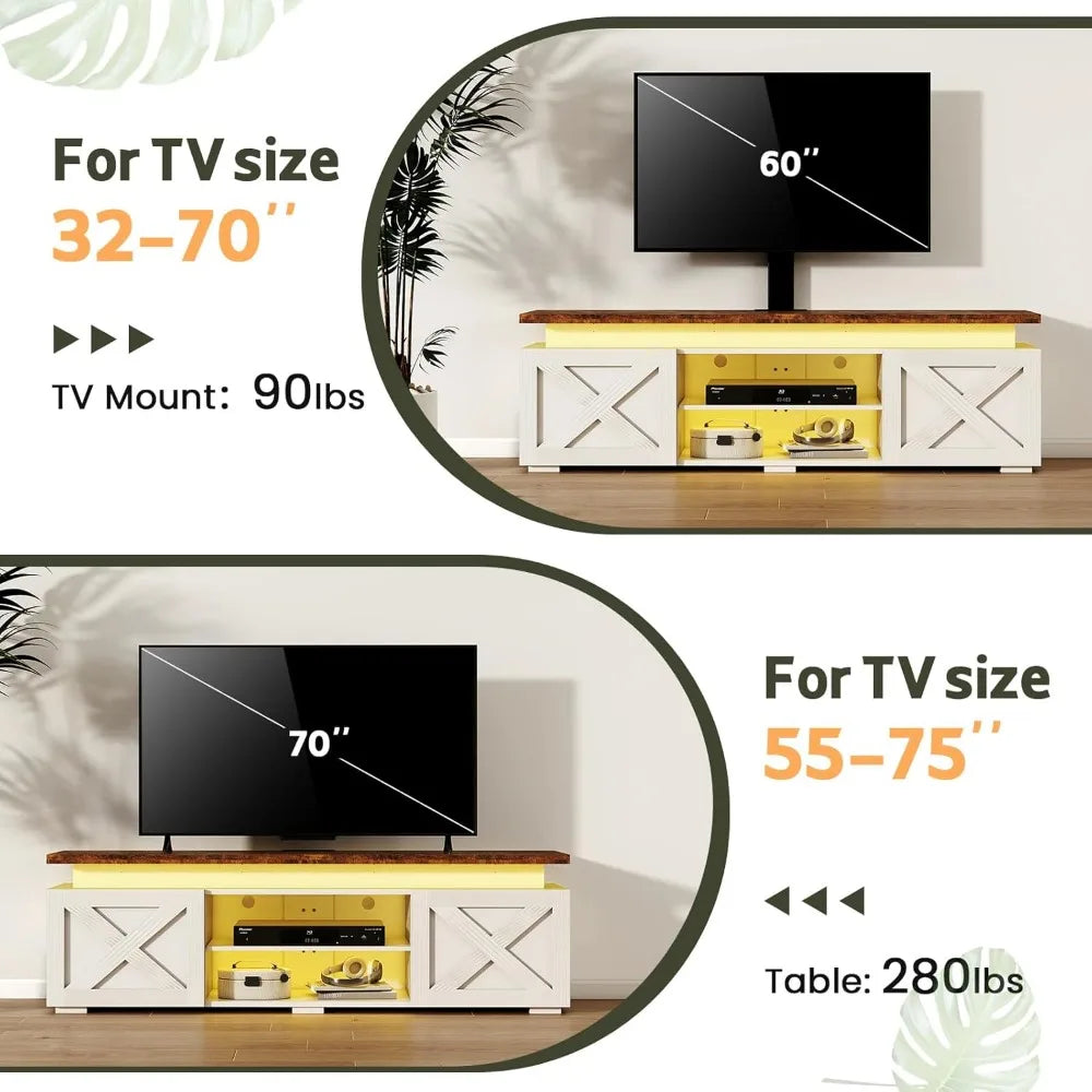 Farmhouse TV Stand with Mount 75 Inch LED Light Power Outlet Storage