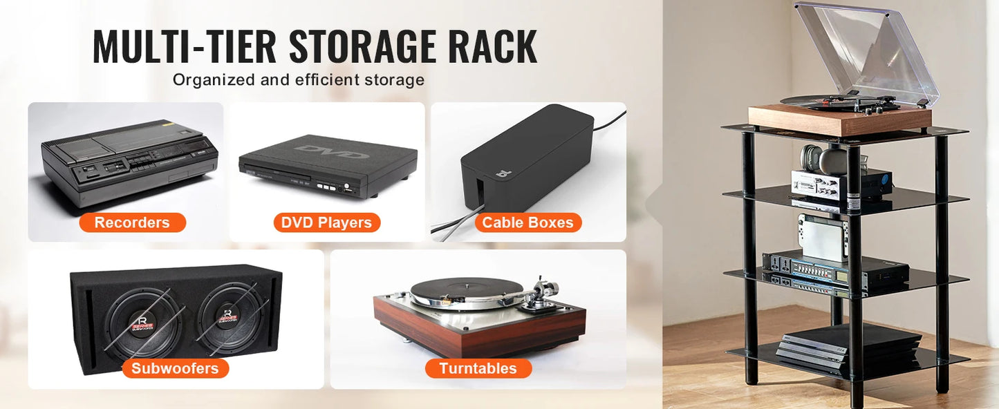 Ljustra 4-Tier AV Media Stand Adjustable Tempered Glass DVD Storage