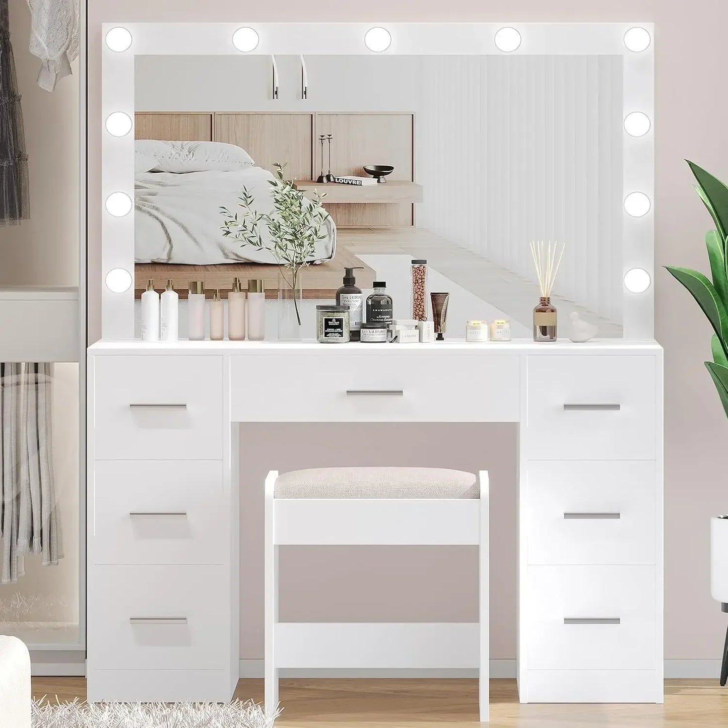 Ljustra Vanity Desk With Stool Lighted Mirror Adjustable Brightness