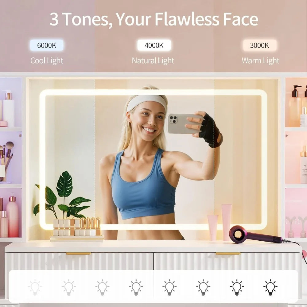 Ljustra 59 Inch Fluted Wood Makeup Vanity Desk with Mirror LED Lights