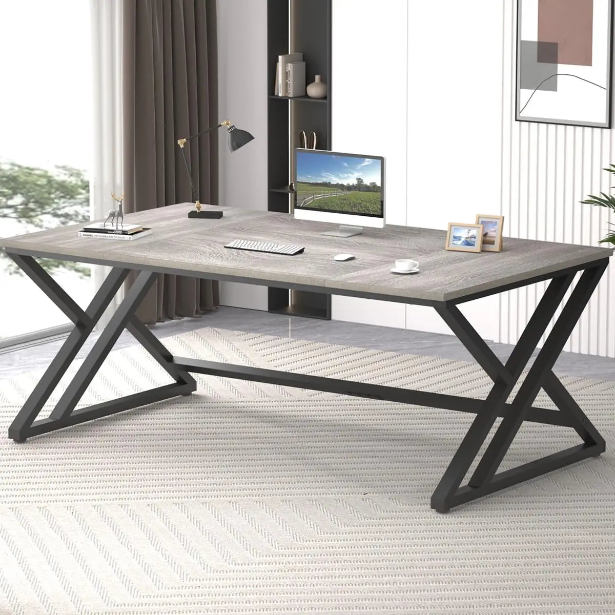 Modern Long Office Desk Large Wood Metal Computer Industrial Workstation