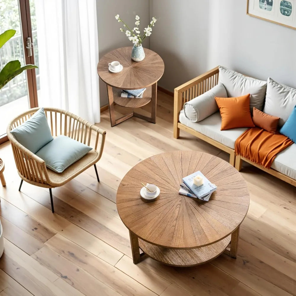 Wood Round Coffee Table 2 Tier Rustic Natural Living Room Storage