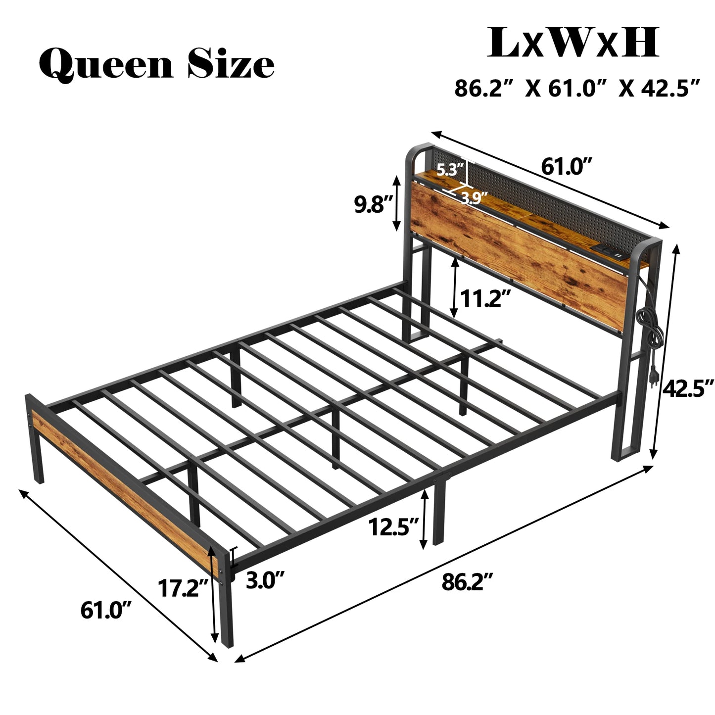 Full Queen Bed Frame with Charging Station LED Lights Storage Headboard