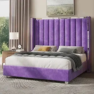 Jocisland King Size Velvet Bed Frame with Tall Headboard and Tufting