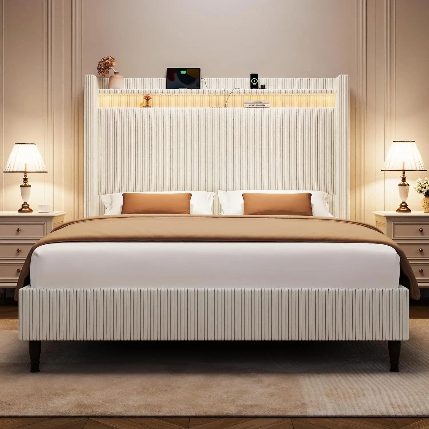 55.3 Inch Corduroy Upholstered Platform Bed Frame with LED USB Charging
