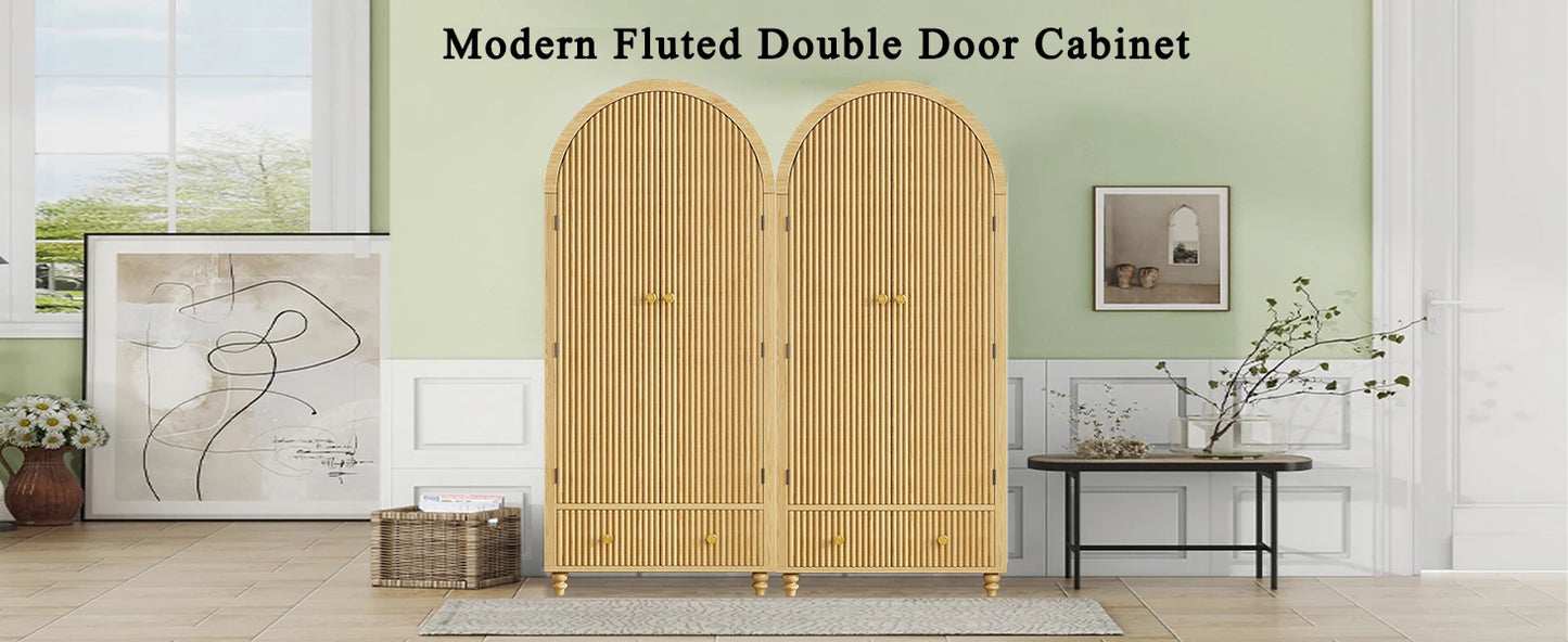 Modern Arched Wooden Storage Cabinet with Fluted Doors and Gold Knobs