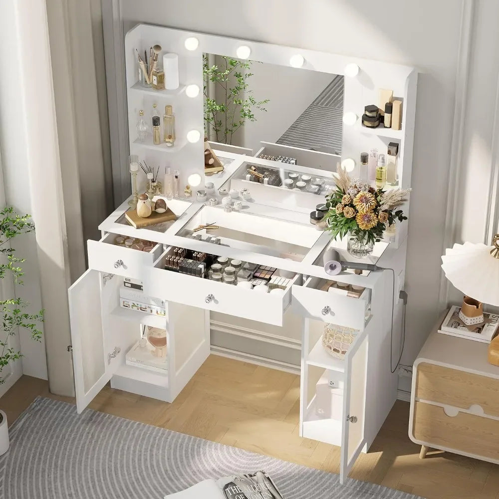 Makeup Vanity Desk with Mirror and Lights Storage Cabinet for Bedroom