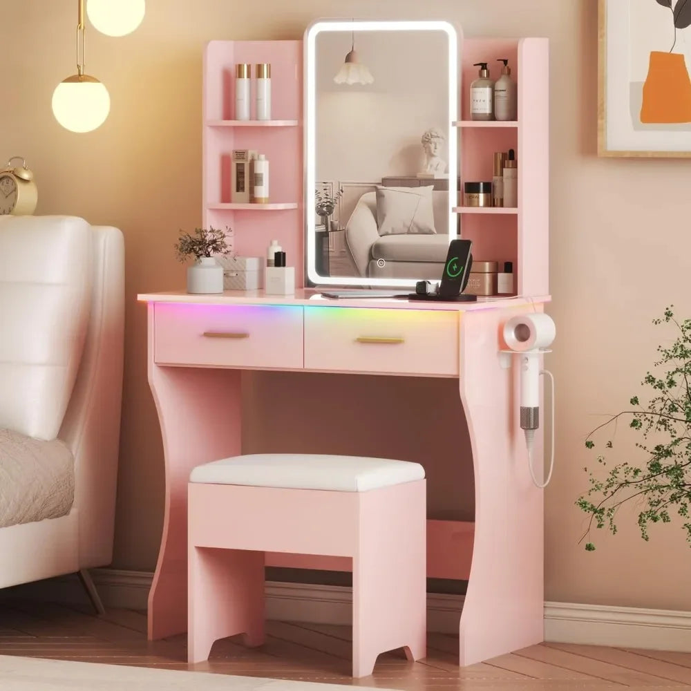LED Makeup Vanity Desk with Mirror and Storage Drawers Chair Set