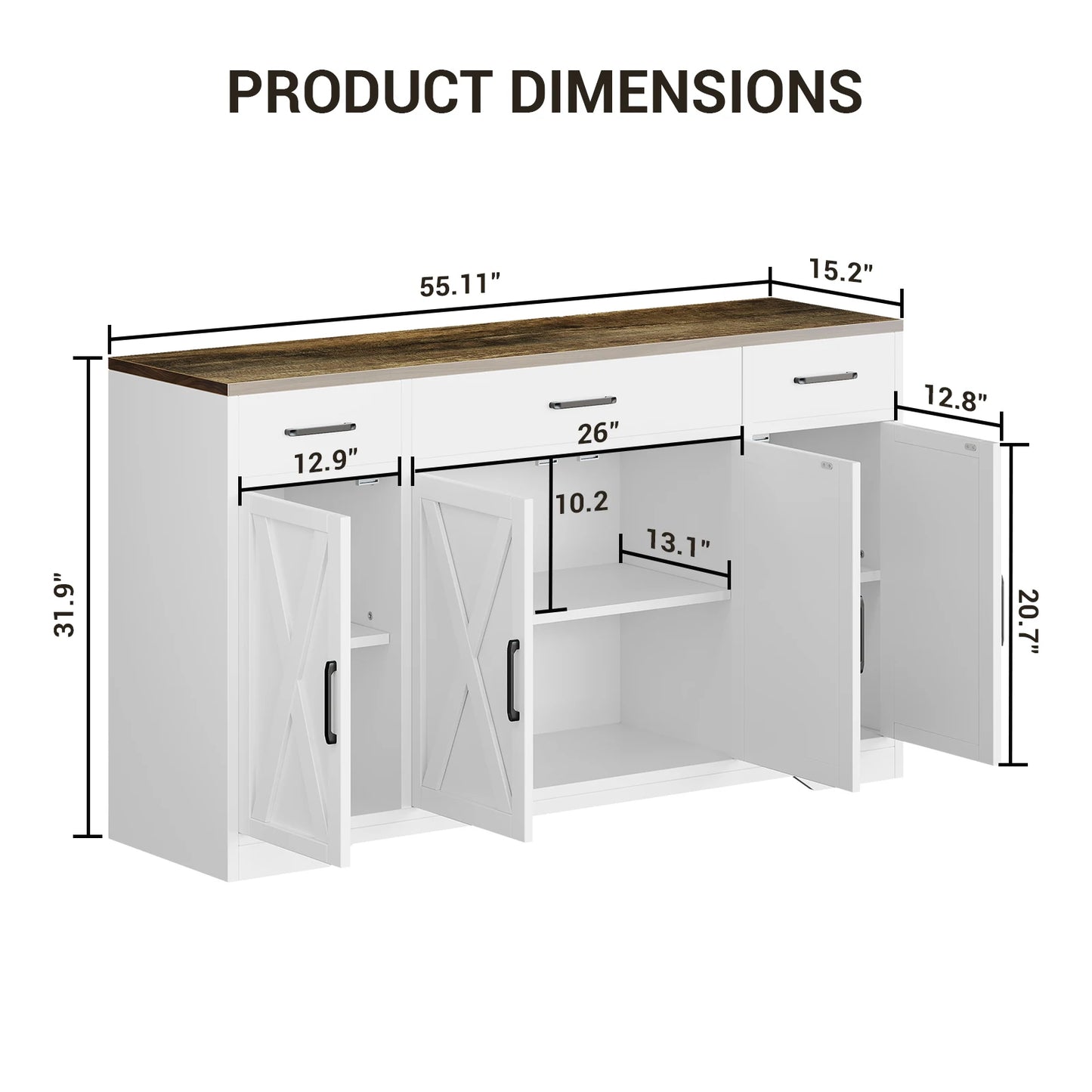 Buffet Cabinet with Storage 55 Inch Sideboard with 3 Drawers 4 Doors