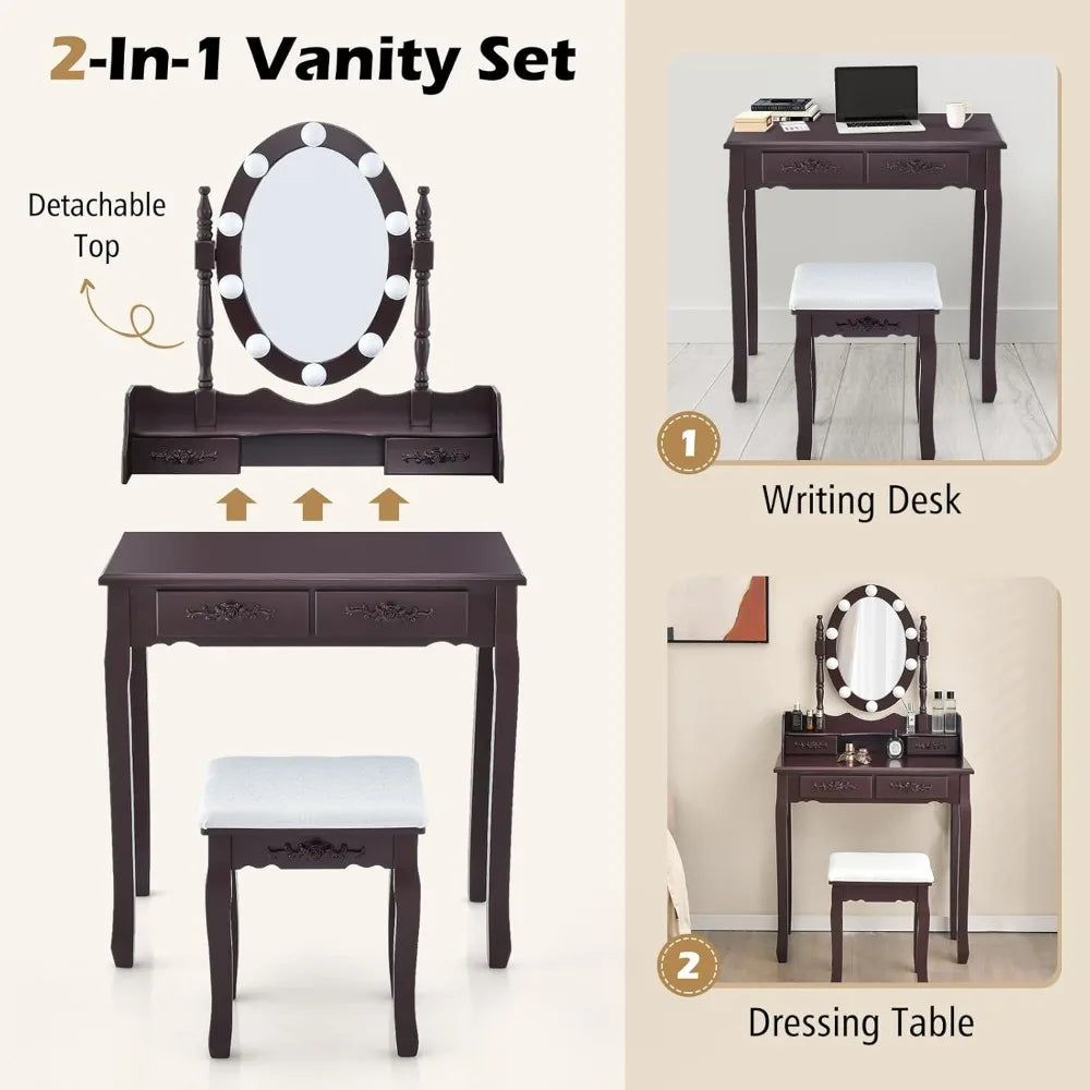 Vanity Table Set Lighted Mirror Adjustable Brightness Makeup Desk