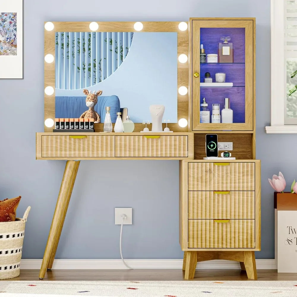 Fluted Vanity Desk with Mirror Lights 5 Drawers Power Outlet Storage
