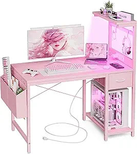 Gaming Desk 47 Inch with Power Outlet LED Light and Storage Drawer