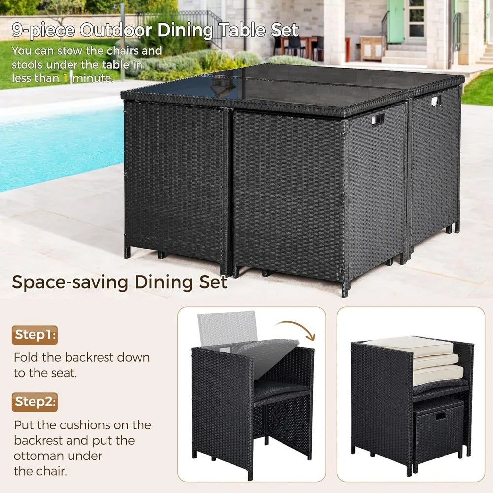 9-Piece Outdoor Rattan Dining Set Space Saving Wicker Furniture