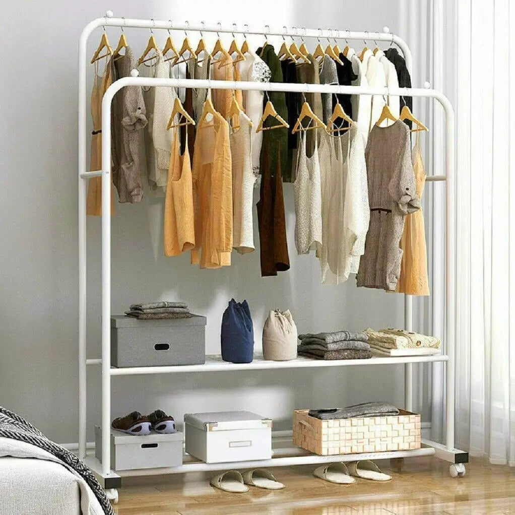 Rolling Clothes Rail Rack Garment Hanging Rack with Storage Shelves