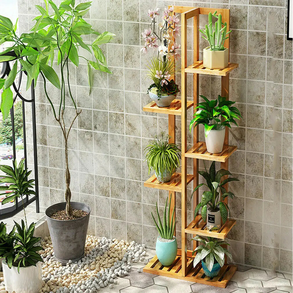 6 Tier Bamboo Plant Stand Vertical Flower Shelf Rack Indoor Outdoor