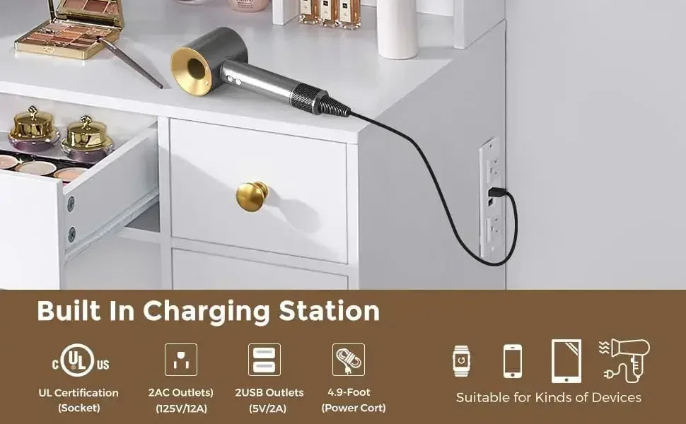 Vanity Desk Set LED Lighted Mirror Makeup Table with Storage and Stool