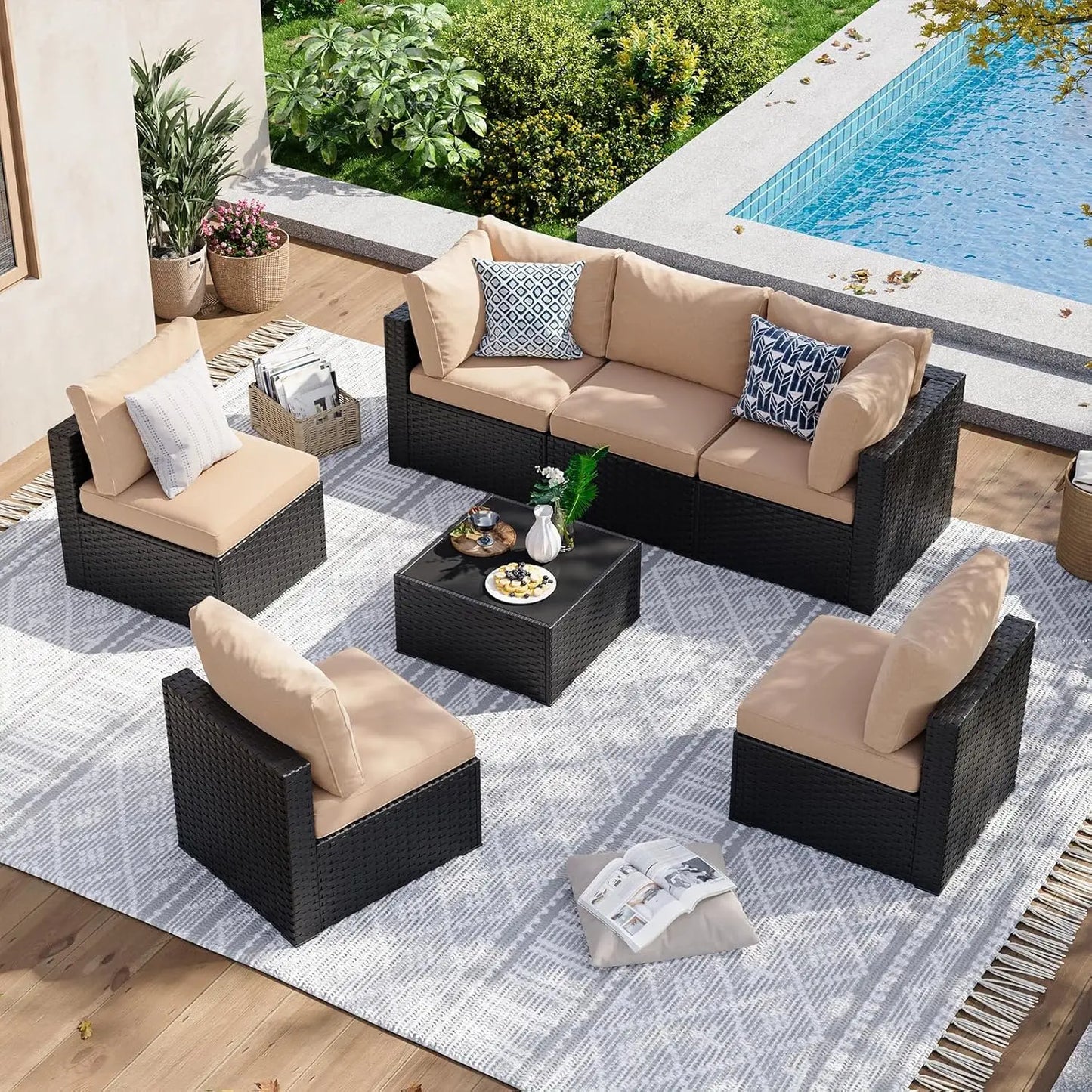 7 Piece Wicker Rattan Patio Garden Furniture Set with Cushions