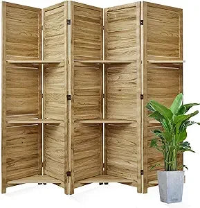 Ljustra Folding Wood Privacy Screen Room Divider with Shelves for Home Office