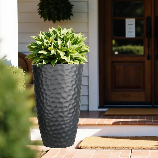 Garden Tall Hammered Texture Planters Set of 2 Matte Black Plastic