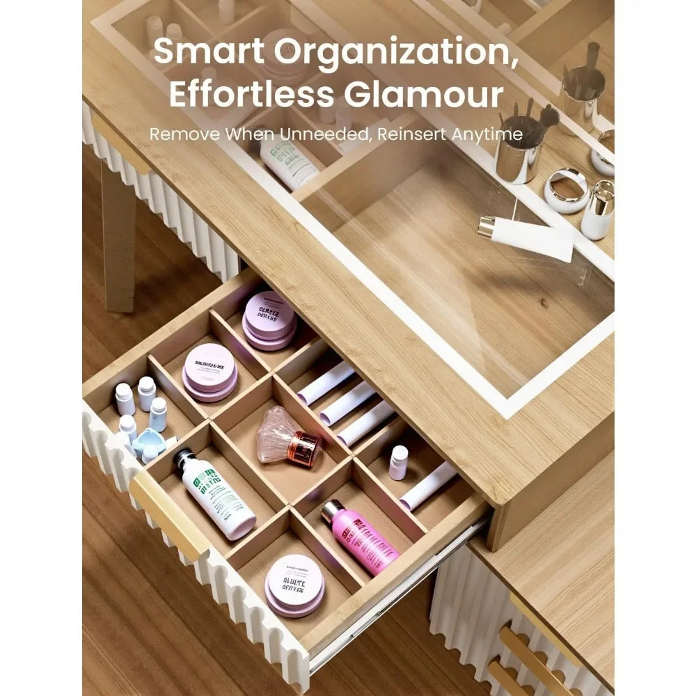 Makeup Vanity Desk with Mirror LED Lights Charging Storage Glass Top