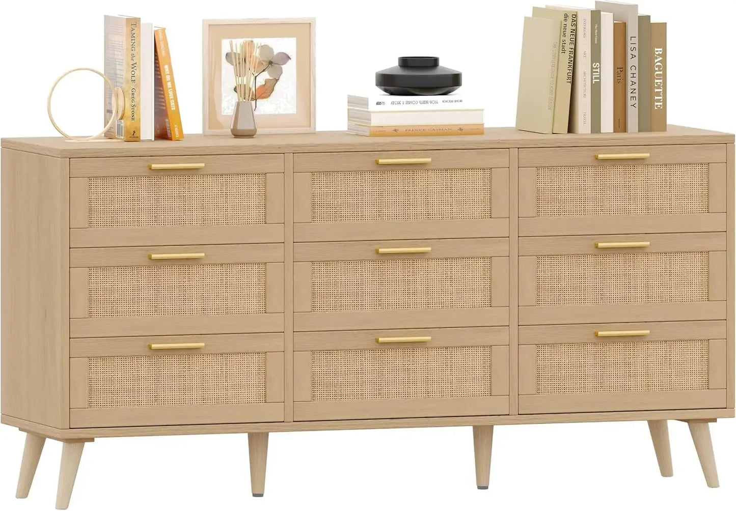 9 Drawer Double Dresser Modern Rattan Chest of Drawers Bedroom Storage