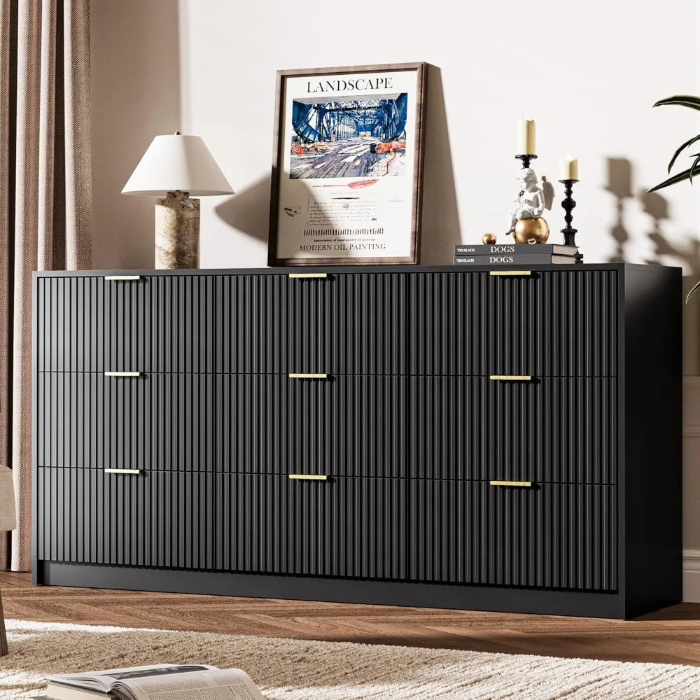 Black Dresser 9 Drawer Modern Chest of Drawers for Bedroom Living Room