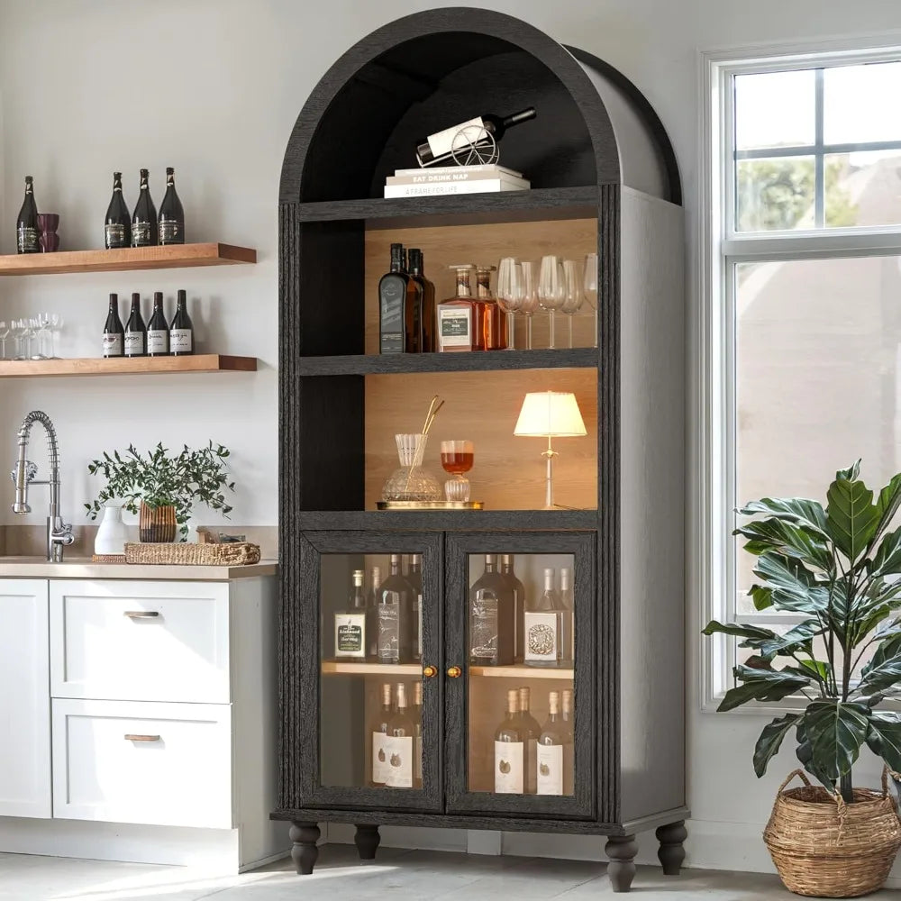 72 Inch Arched Bar Cabinet with Storage and Power Outlet Adjustable Shelves