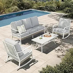 4-Piece Patio Furniture Set Rattan Rocking Chairs Sofa Marble Table