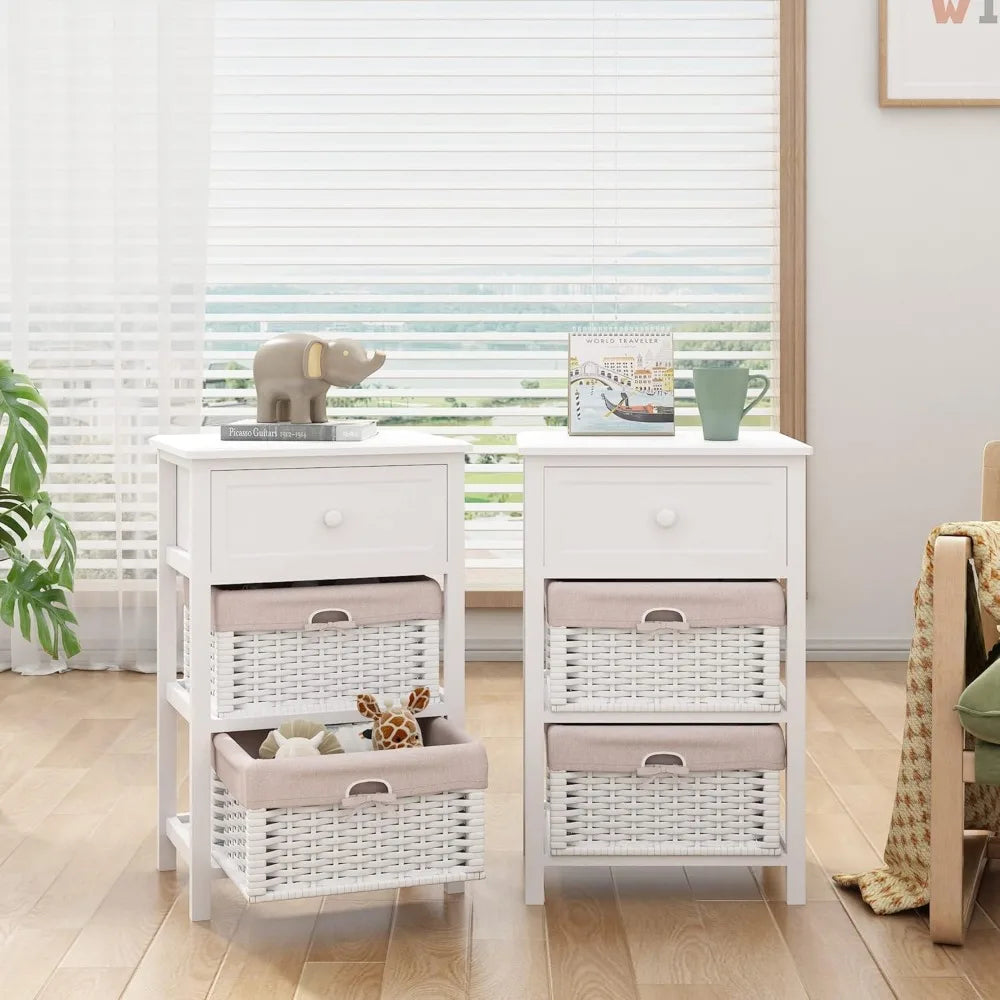 Set of 2 Nightstands with Wicker Baskets Fully Assembled Bedside Tables
