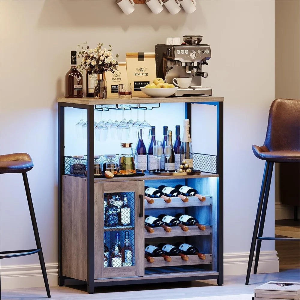 3-Tier Wine Bar Cabinet LED Lights Storage Detachable Rack Sideboard
