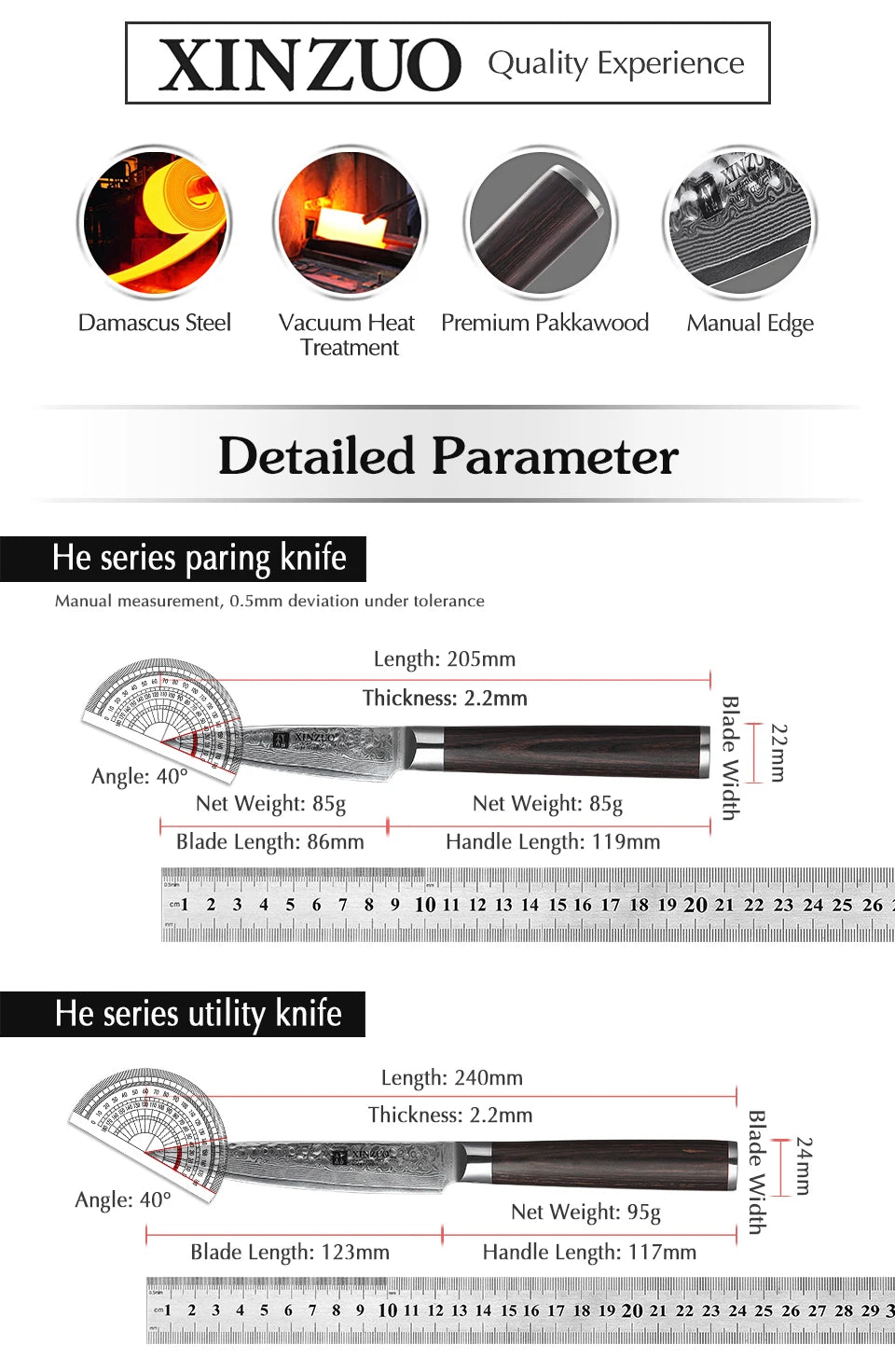 Ljustra 5PC Kitchen Knives Set VG10 Damascus Steel Pakkawood Handle