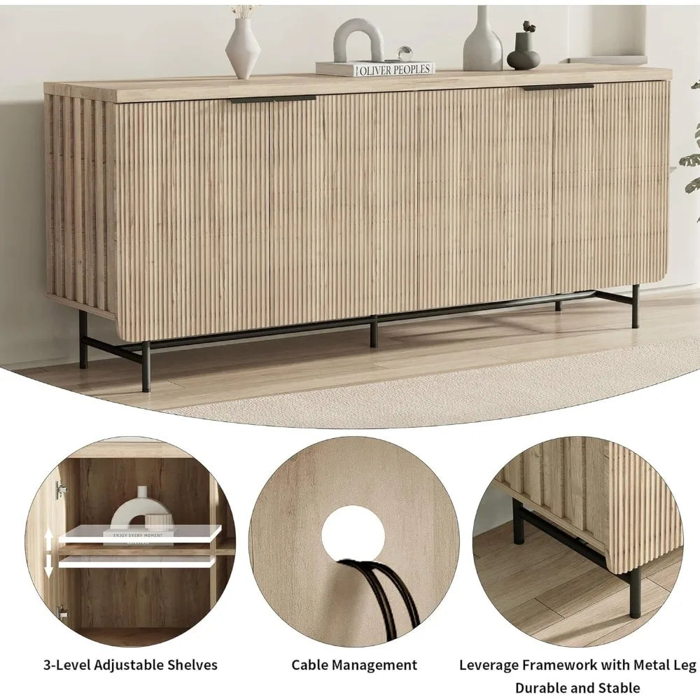 Large Fluted Sideboard Buffet Cabinet with LED Light Adjustable Shelves