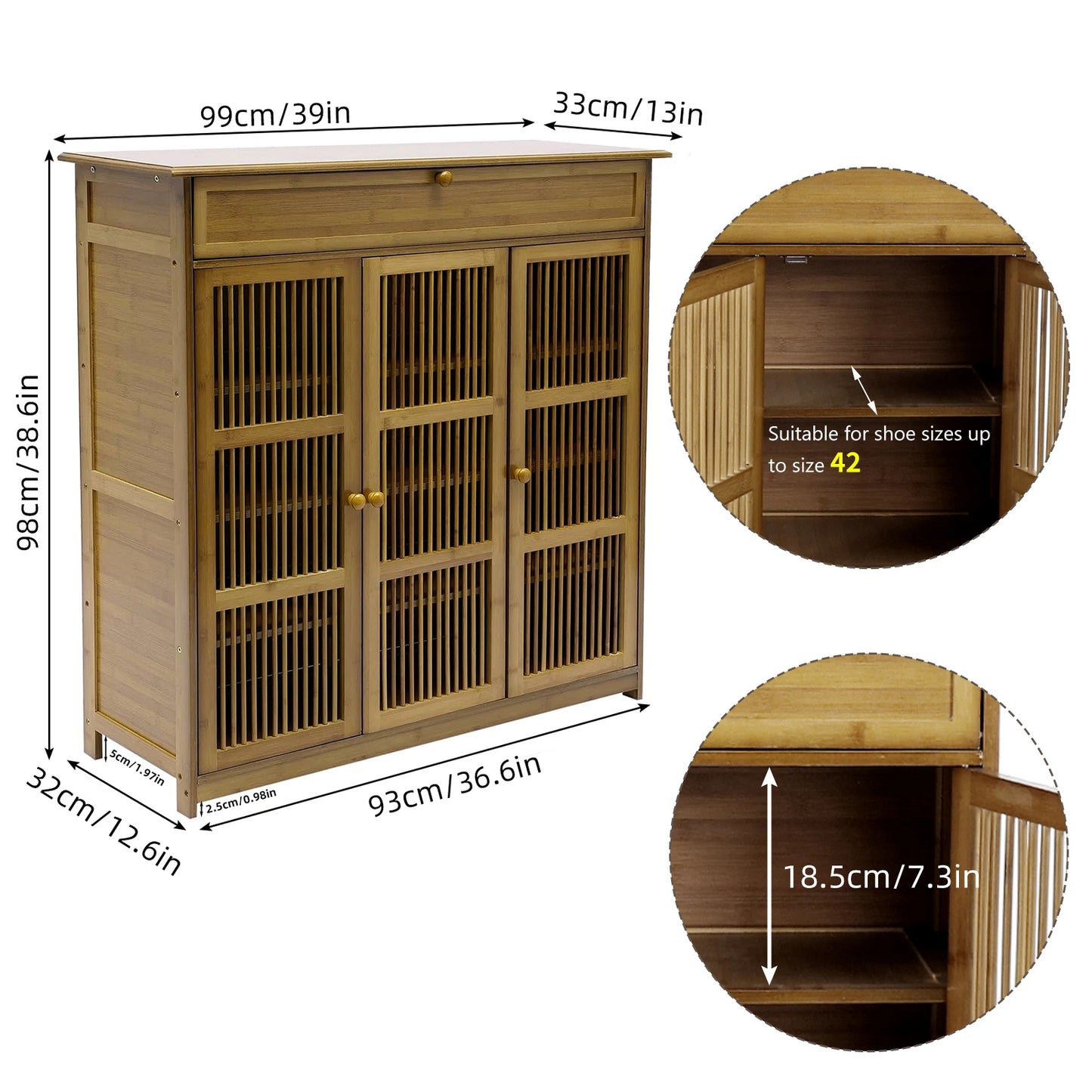 4 Tier Bamboo Shoe Storage Cabinet Wooden Shoes Rack with Hollow Doors