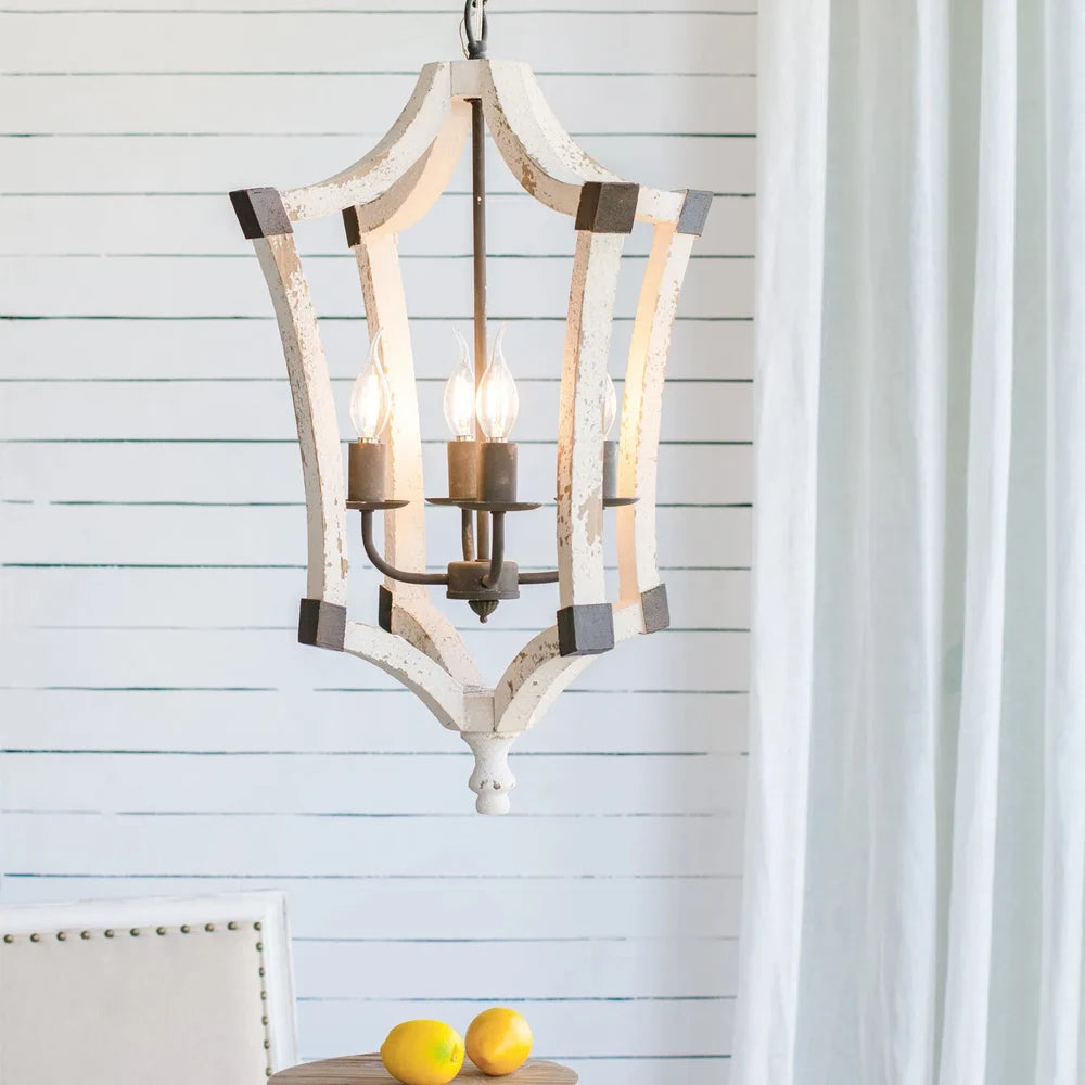 4-Light Wood Chandelier Adjustable Chain Fixture for Dining Room