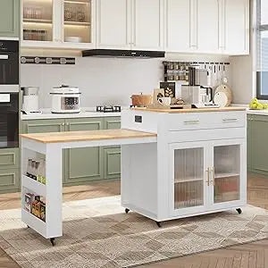 Kitchen Island with Extendable Table Power Outlets Rolling Cart