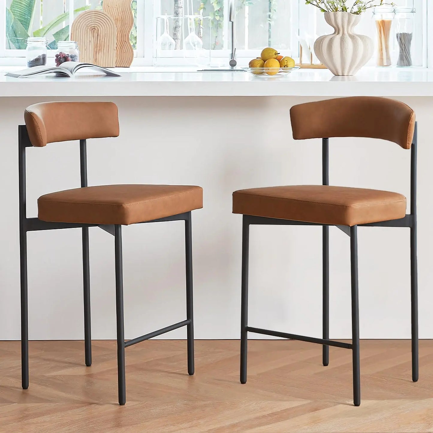 Brown Modern Bar Stools Set of 2 Faux Leather Curved Backrest Kitchen