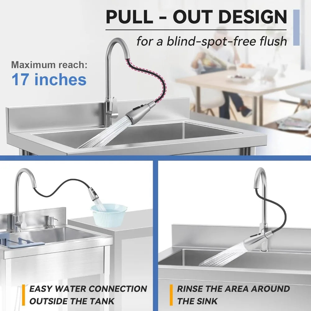 Stainless Steel Utility Sink with Pull-Out Faucet for Kitchen and Laundry